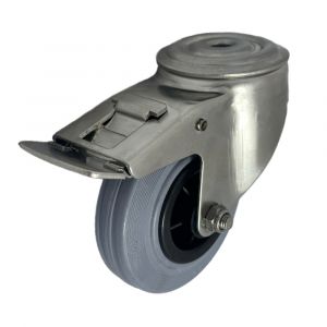 100mm Swivel Bolt Hole Braked Castor Grey Rubber Wheel
