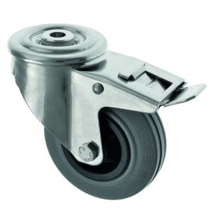 100mm Medium Duty Swivel Bolt Hole Stainless Steel Braked Castor Grey Rubber Wheel