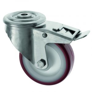 Braked Bolt Hole Stainless Steel Castor 80mm Maroon Polyurethane Wheel