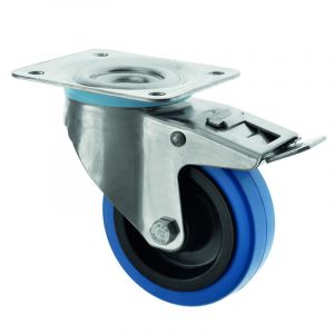 Stainless Steel Braked Castor Blue Rubber Wheel