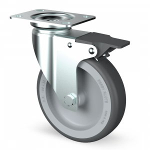 80mm Institutional Swivel Braked Zinc Plated Castor Grey Thermoplastic wheel