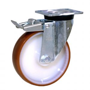 LAG 100mm Swivel Zinc Plated Steel Braked Caster with Orange Polyurethane Wheel