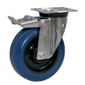 Braked Swivel Zinc Plated Steel Caster with Blue Elastic Wheel LAG 125mm