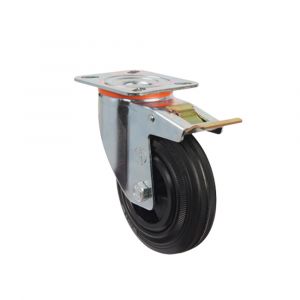 200mm Pressed Steel Swivel Castor with Black Rubber Wheel and Directional Brake