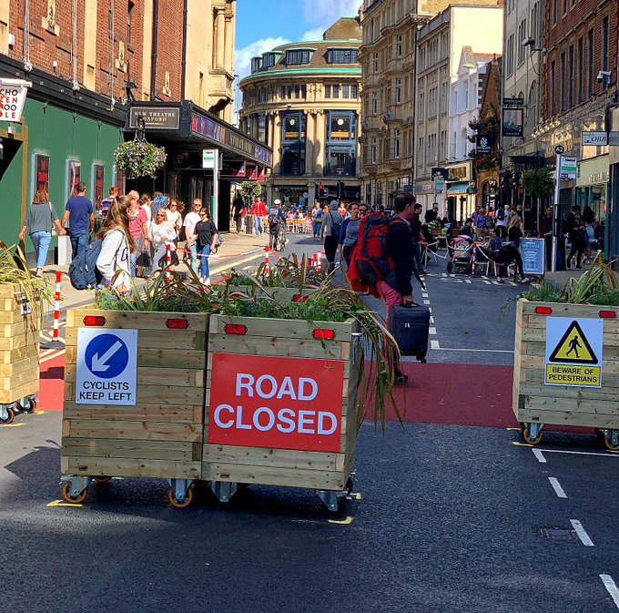 Barrier planters being used in Oxford City Centre to pedestrianise a main road