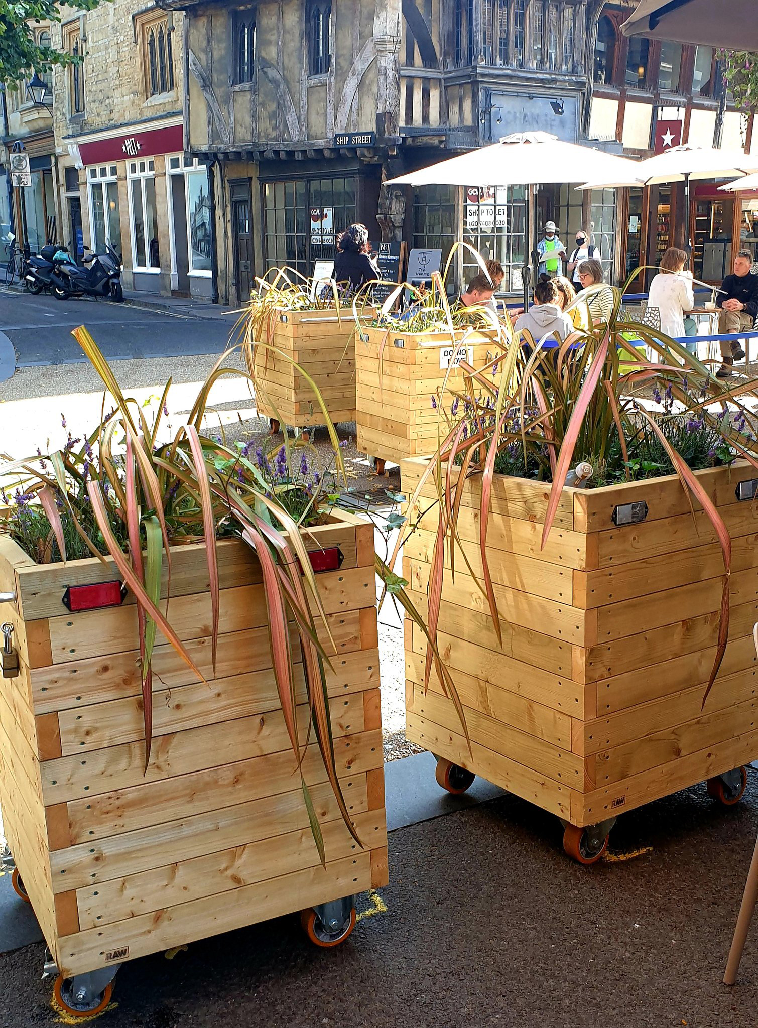 Cafe planters on wheels in Oxford